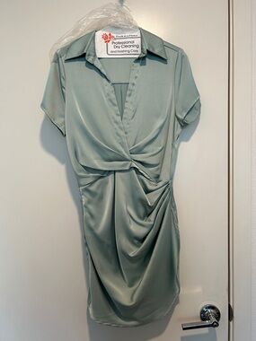 Twist-Front Sage Green Mini Dress with Collar